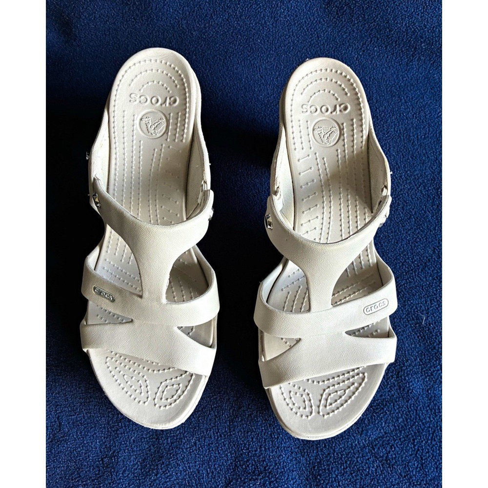 Crocs Cyprus V Heel Women's 11 Ivory Off White Wedge Sandals Discontinued.